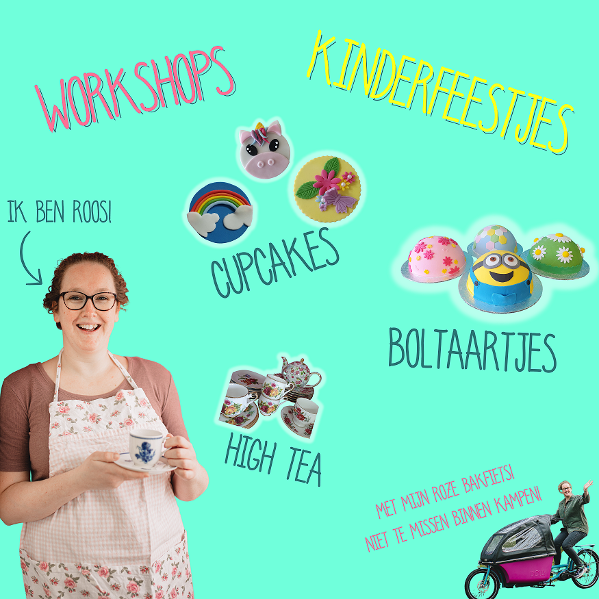 Mintgroene achtergrond met foto van Roos, foto van Roos op haar bakfiets in Kampen. Boltaartjes, cupcakes als voorbeelden voor workshops en kinderfeestjes. Kop en schotels voor de High Tea